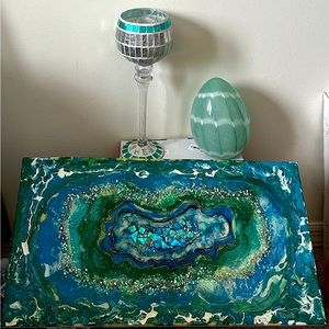 Turquoise Blue Wall Art Acrylic Paint pouring.